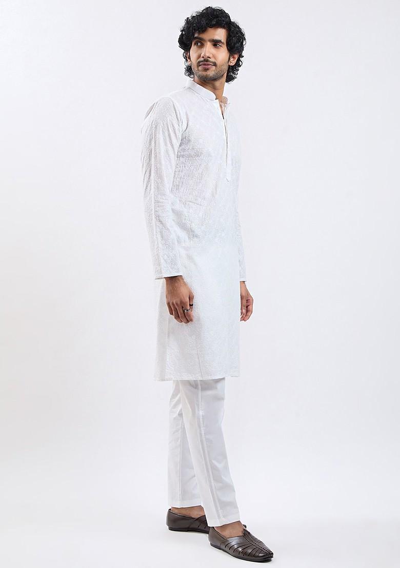 White Floral Print Poly Blend Kurta Set For Men