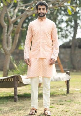 Peach Floral Print Poly Blend Kurta Set For Men
