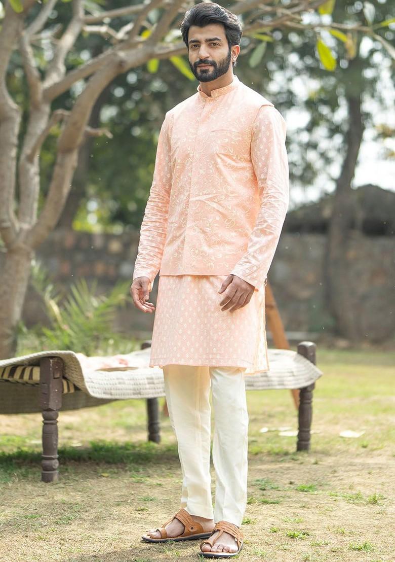 Peach Floral Print Poly Blend Kurta Set For Men