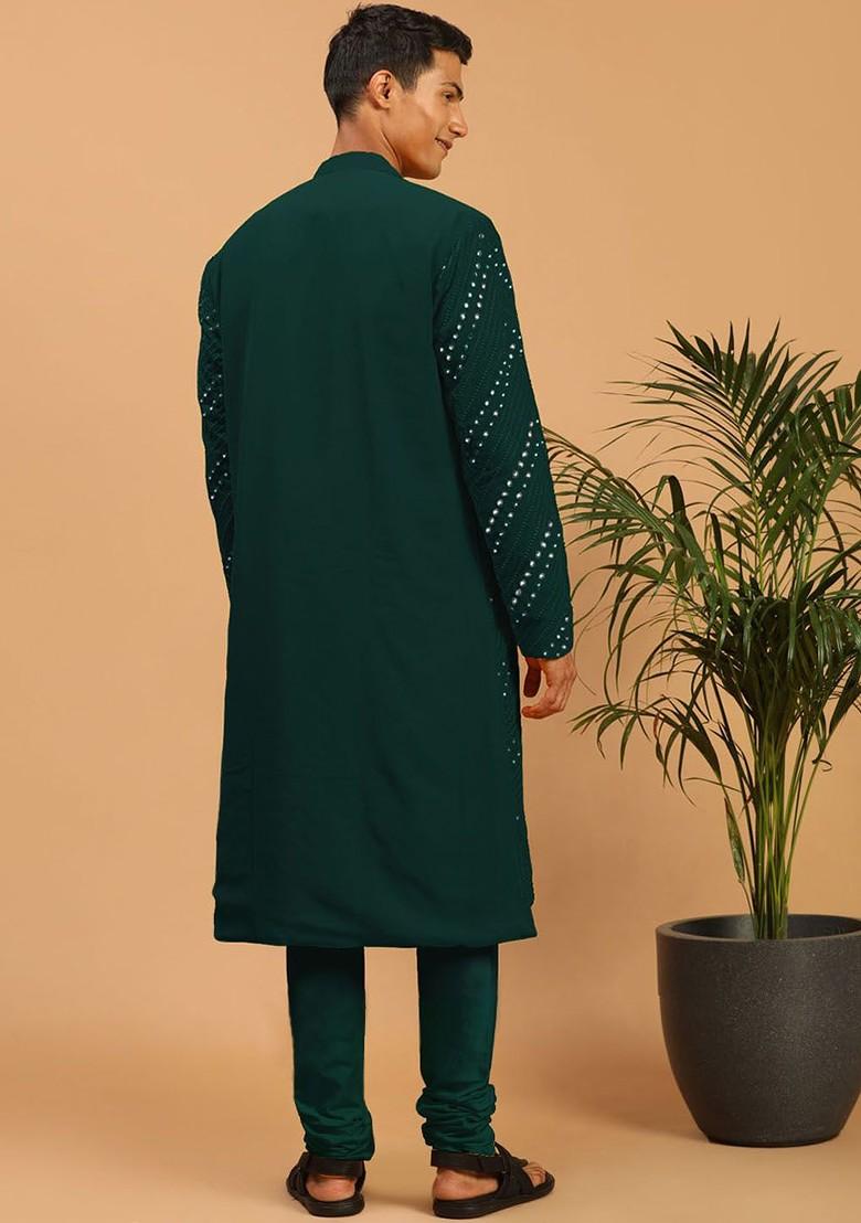 Green Embroidered Poly Blend Kurta Set For Men