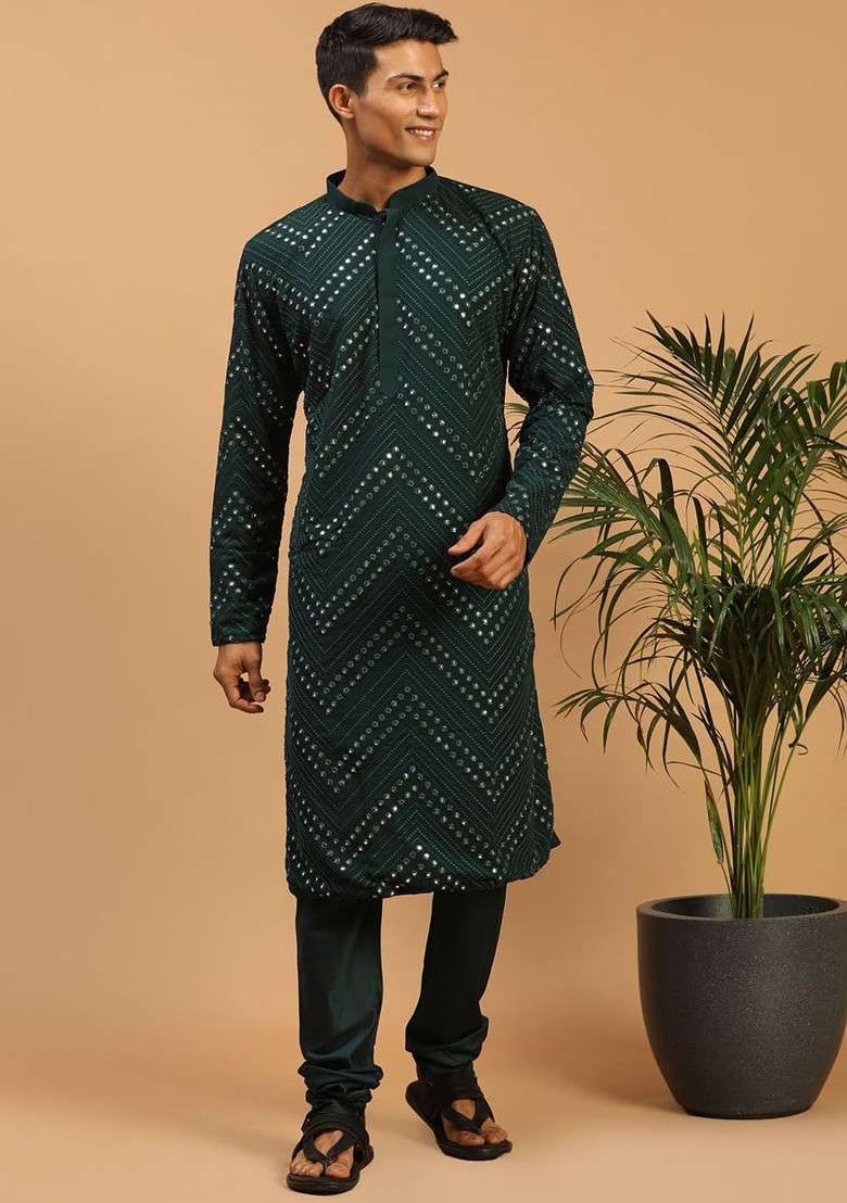 Green Embroidered Poly Blend Kurta Set For Men - Indya
