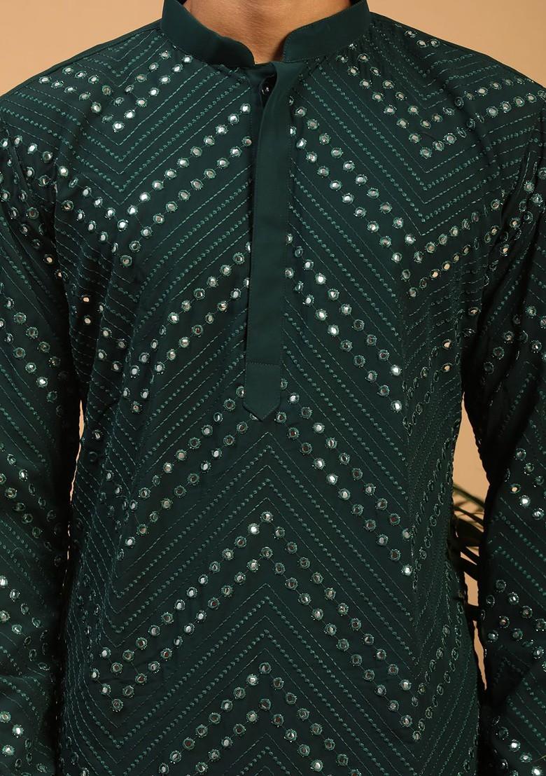 Green Embroidered Poly Blend Kurta Set For Men