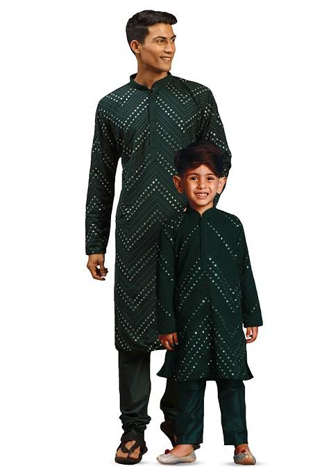 Green Embroidered Poly Blend Kurta Set For Men — view on Indya