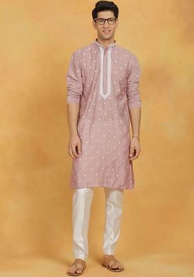 Pink Embroidered Poly Blend Kurta Set For Men