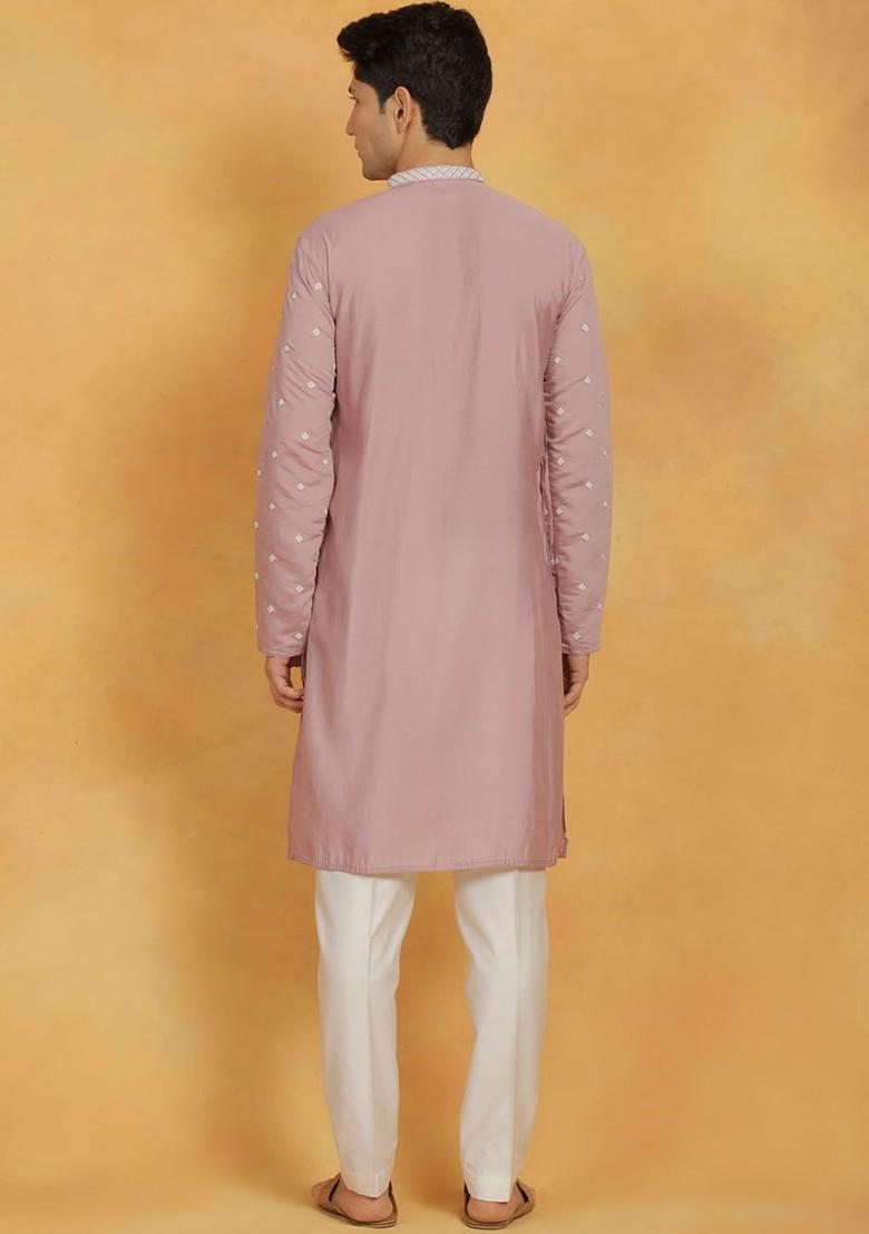 Pink Embroidered Poly Blend Kurta Set For Men