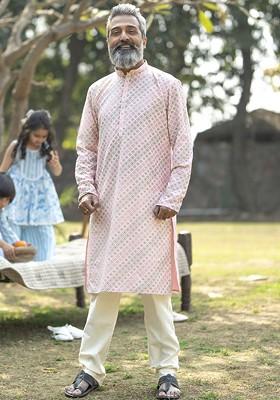 Pink Embroidered Poly Blend Kurta Set For Men