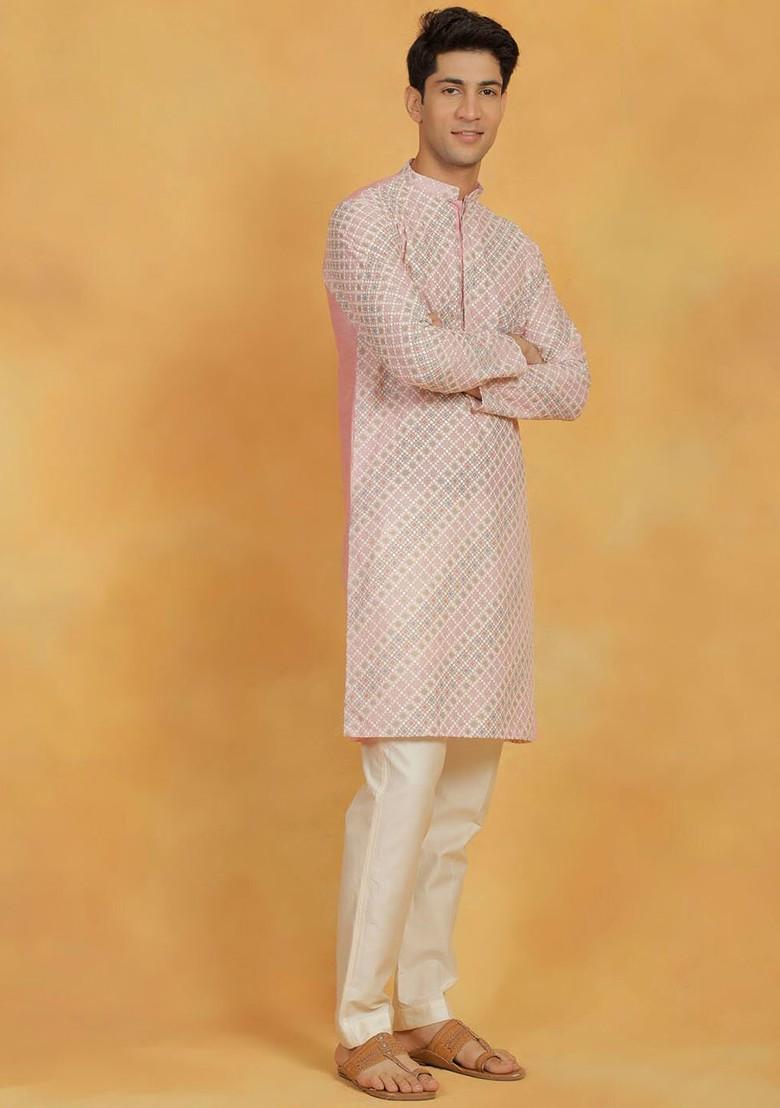Pink Embroidered Poly Blend Kurta Set For Men
