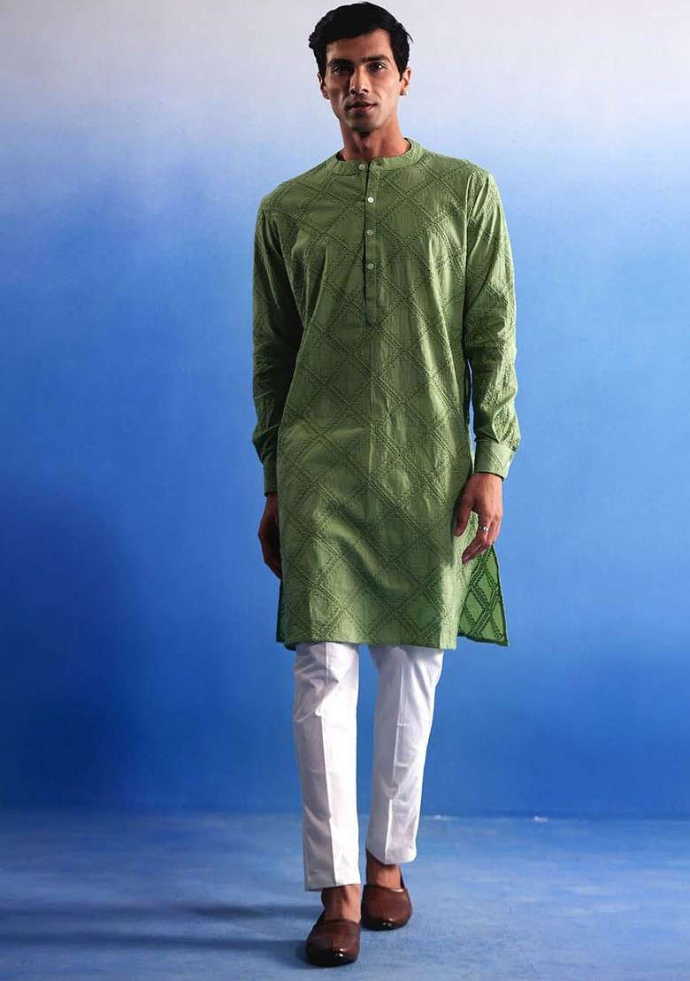 Green Embroidered Cotton Kurta Set For Men - Indya