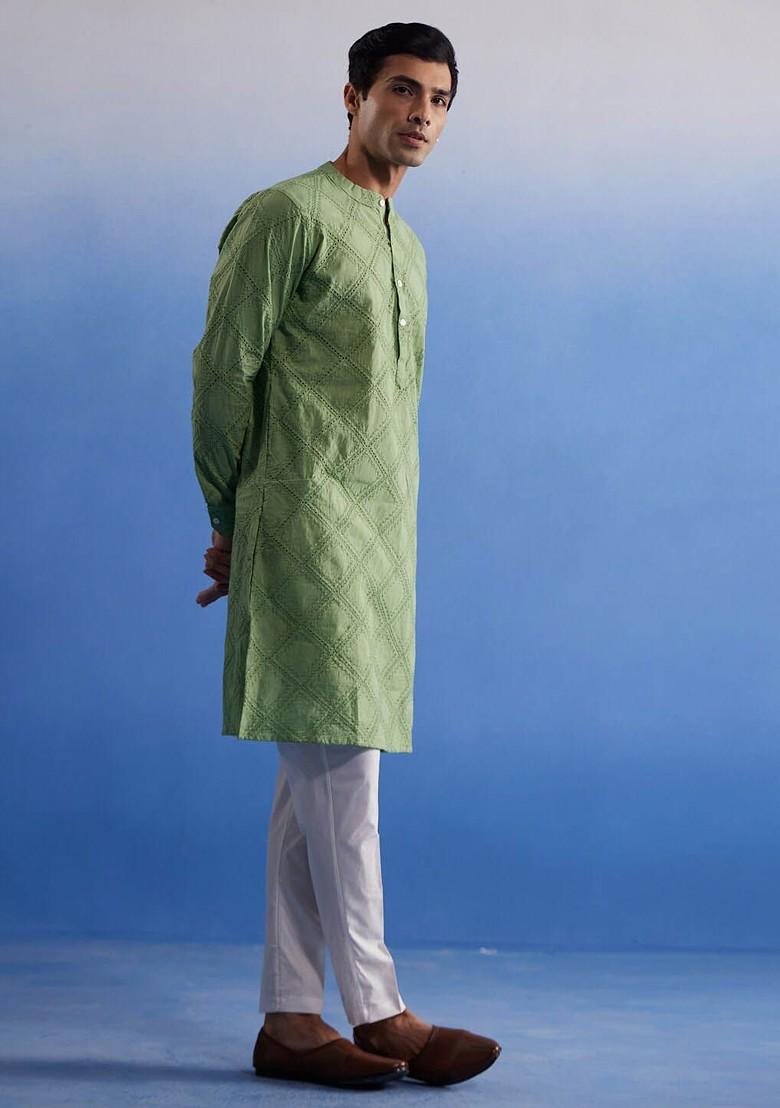 Green Embroidered Cotton Kurta Set For Men