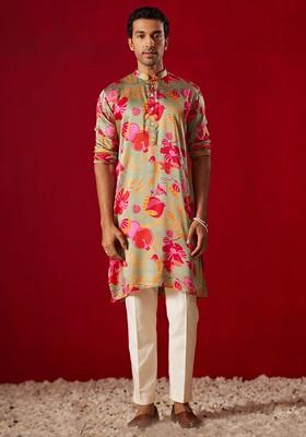 Green Floral Print Poly Blend Kurta Set For Men