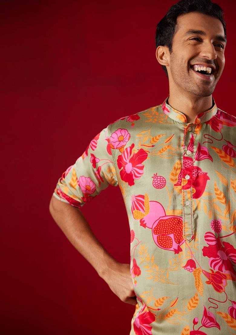 Green Floral Print Poly Blend Kurta Set For Men