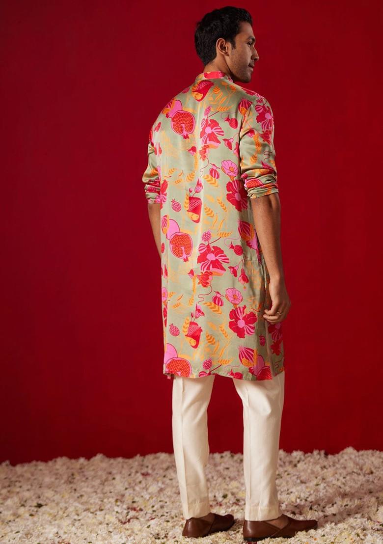 Green Floral Print Poly Blend Kurta Set For Men