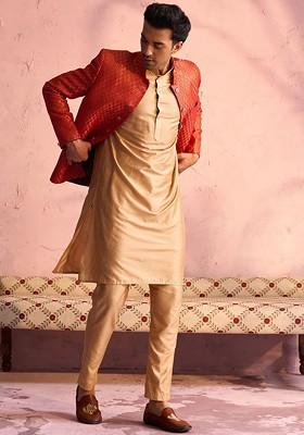 Red Solid Poly Blend Kurta Set For Men