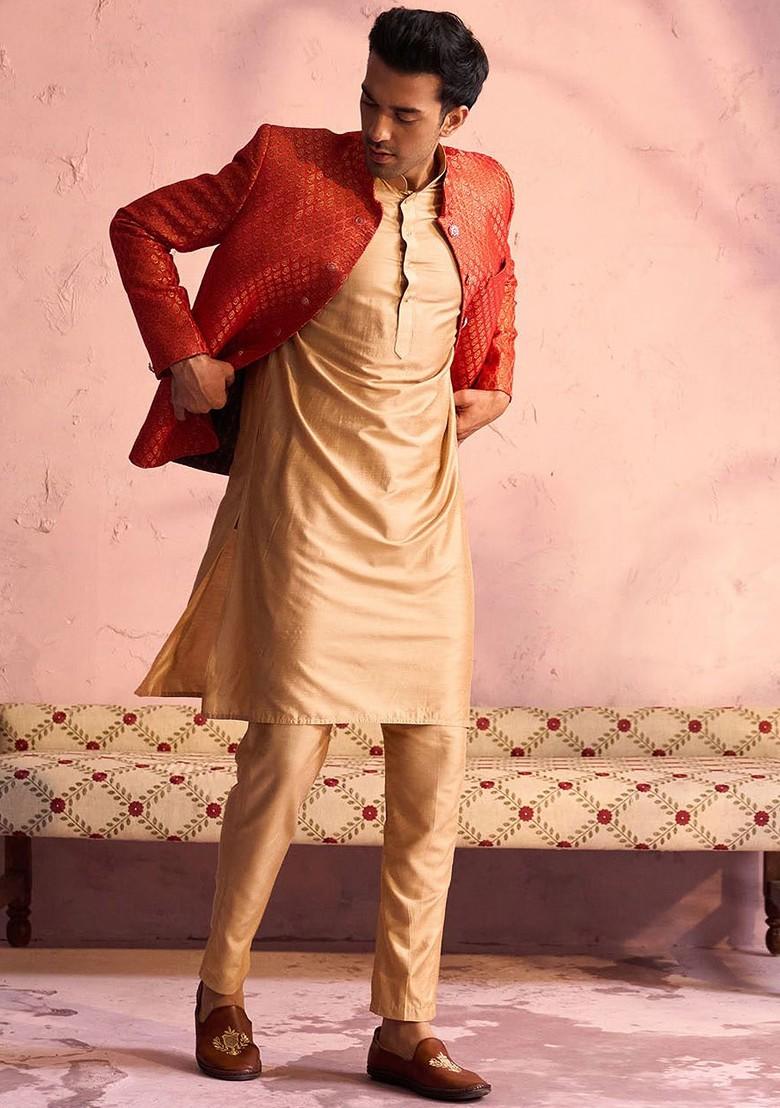 Red Solid Poly Blend Kurta Set For Men