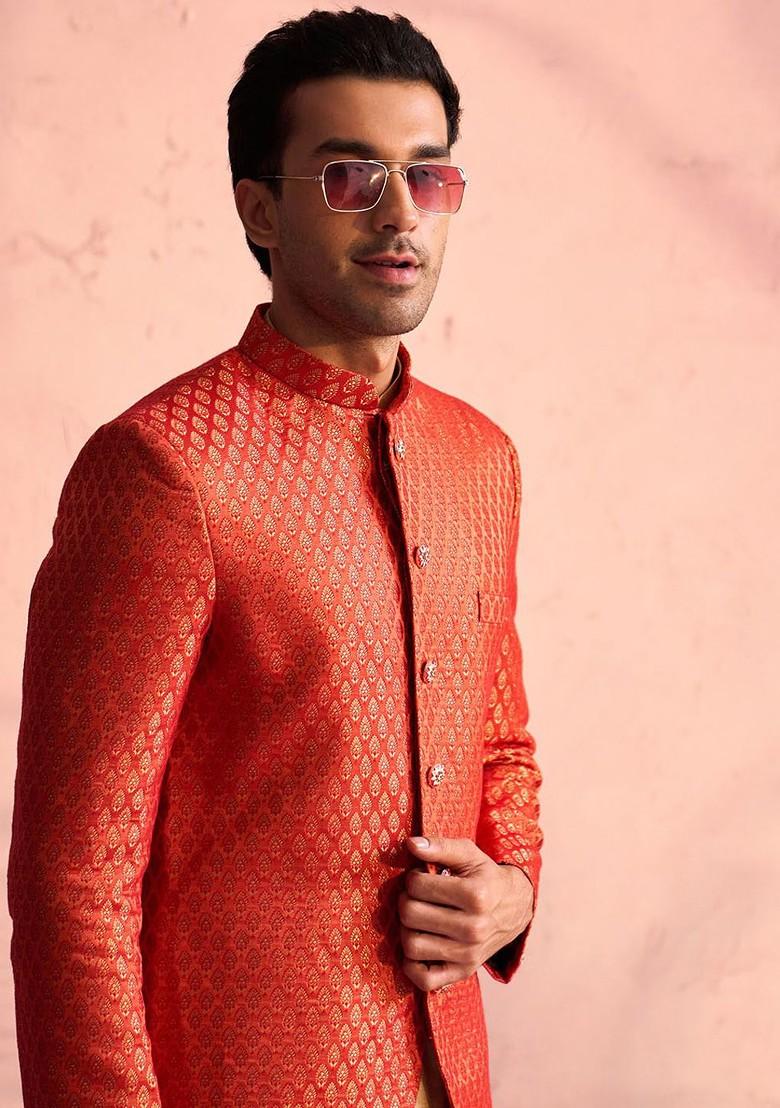 Red Solid Poly Blend Kurta Set For Men
