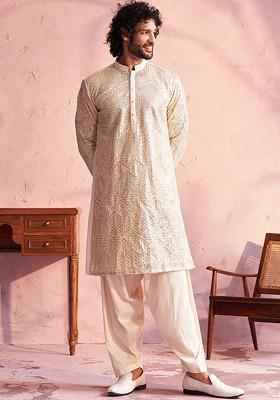 Cream Embellished Georgette Kurta Set For Men