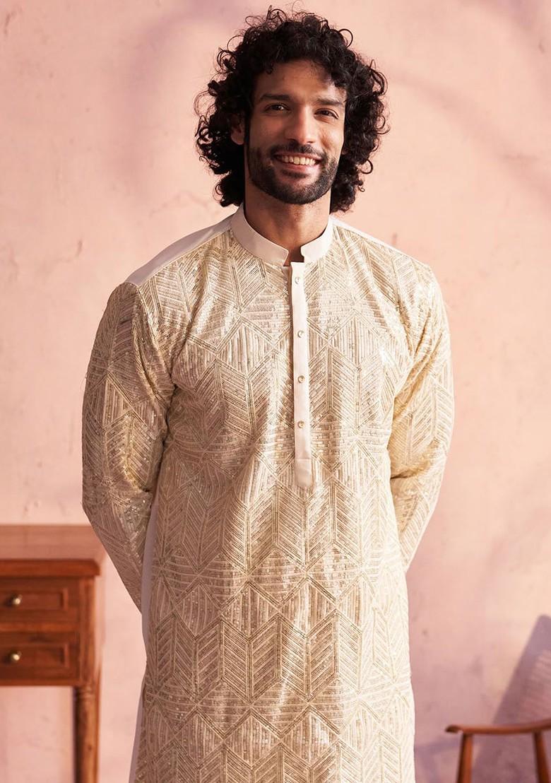 Cream Embellished Georgette Kurta Set For Men