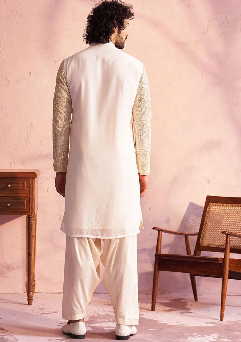 Cream Embellished Georgette Kurta Set For Men
