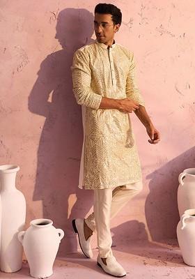 Cream Ethnic Motifs Georgette Kurta Set For Men