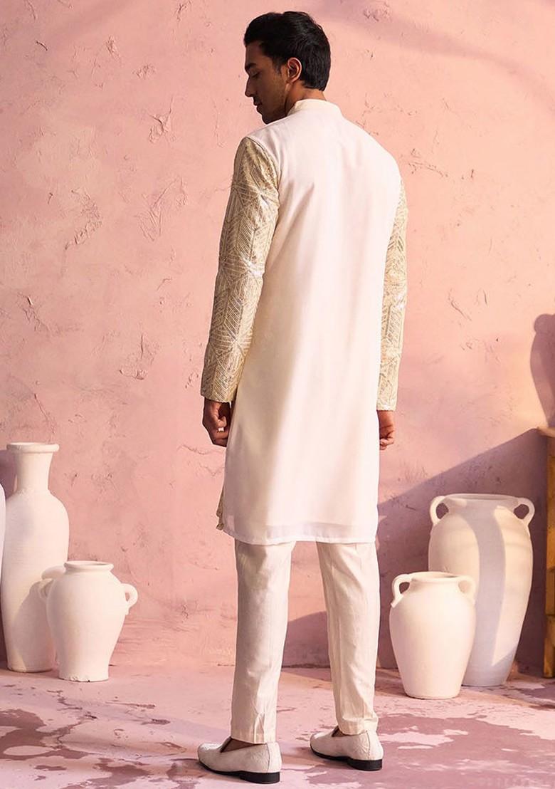 Cream Ethnic Motifs Georgette Kurta Set For Men