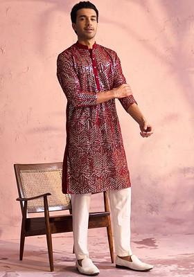 Maroon Ethnic Motifs Poly Blend Kurta Set For Men
