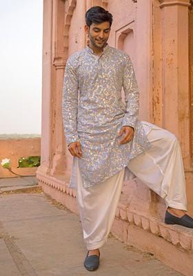 Lavender Floral Print Georgette Kurta Set For Men