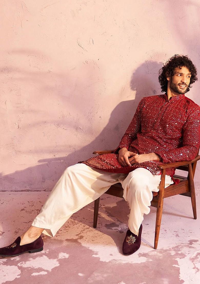 Maroon Ethnic Motifs Poly Blend Kurta Set For Men