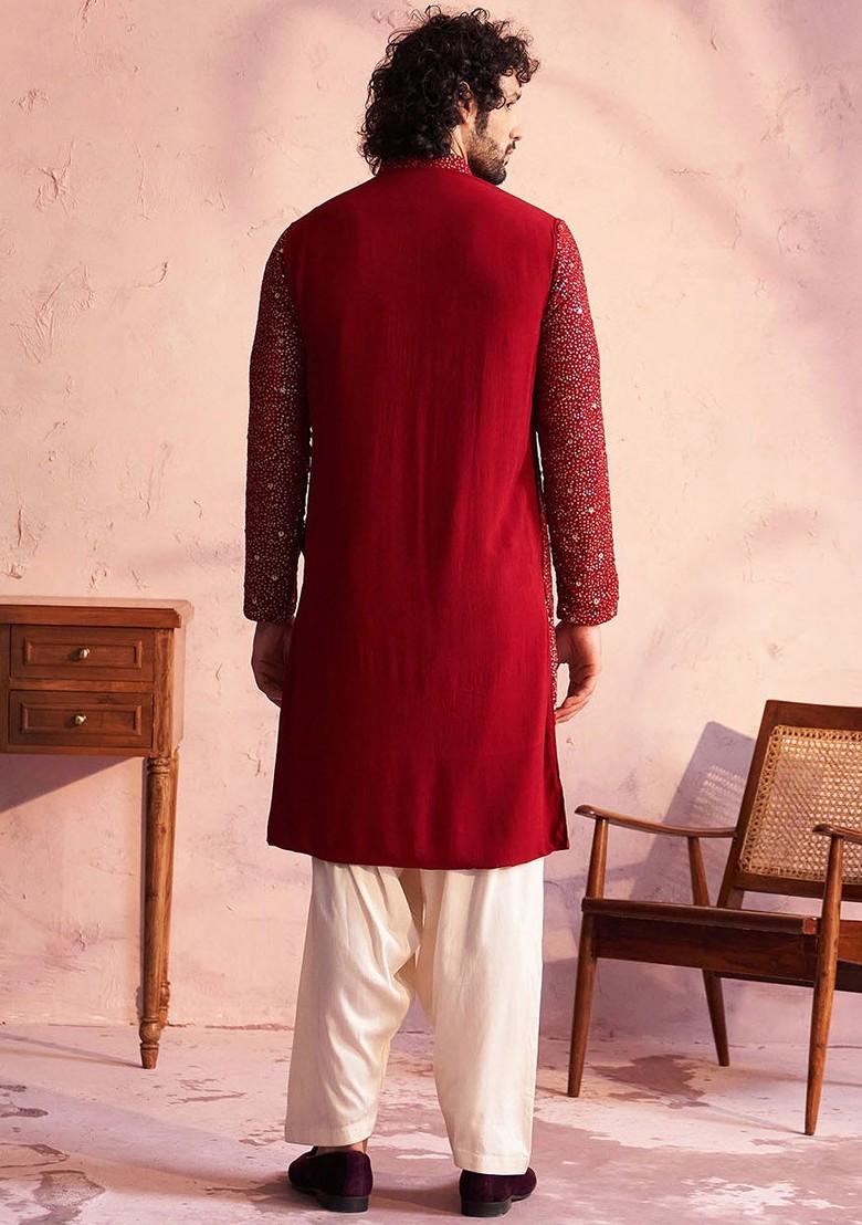 Maroon Ethnic Motifs Poly Blend Kurta Set For Men
