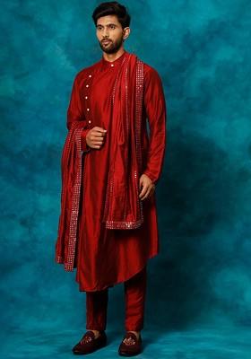 Maroon Solid Poly Blend Kurta Set For Men