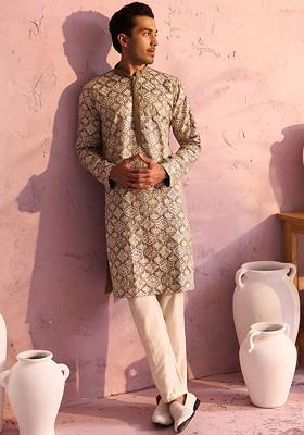 Green Ethnic Motifs Poly Blend Kurta Set For Men