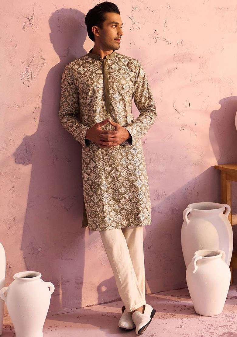 Green Ethnic Motifs Poly Blend Kurta Set For Men - Indya