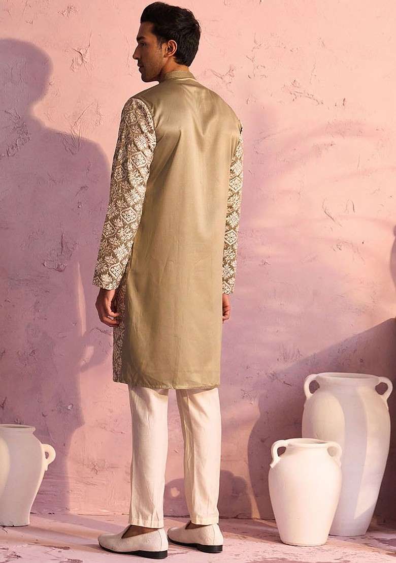 Green Ethnic Motifs Poly Blend Kurta Set For Men - Indya