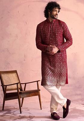 Maroon Embellished Poly Blend Kurta Set For Men