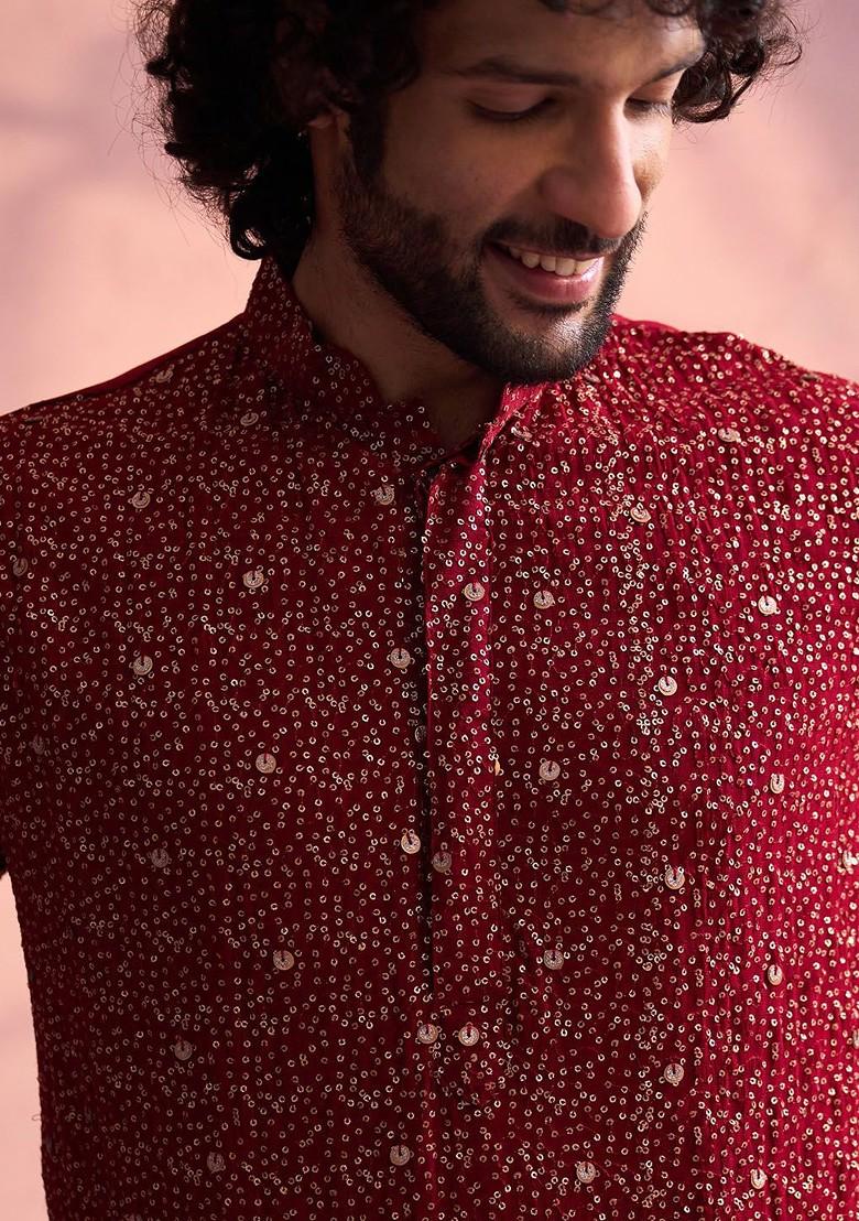 Maroon Embellished Poly Blend Kurta Set For Men