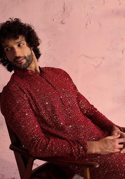 Maroon Embellished Poly Blend Kurta Set For Men