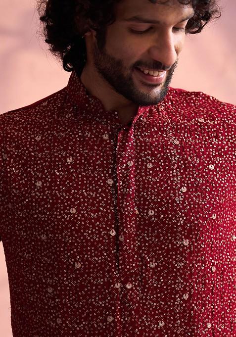 Maroon Embellished Poly Blend Kurta Set For Men