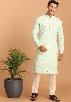 Green Embroidered Poly Blend Kurta Set For Men
