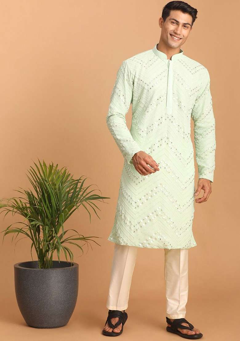 Green Embroidered Poly Blend Kurta Set For Men - Indya