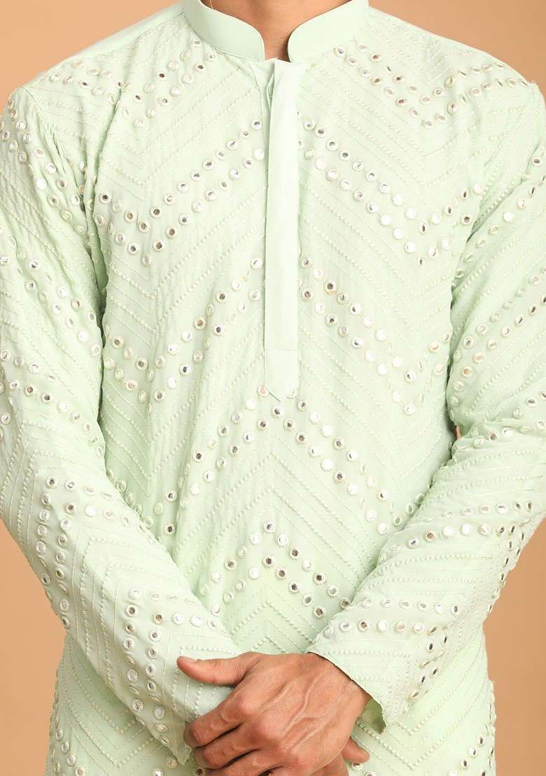 Green Embroidered Poly Blend Kurta Set For Men - Indya