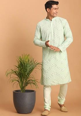 Green Embroidered Poly Blend Kurta Set For Men