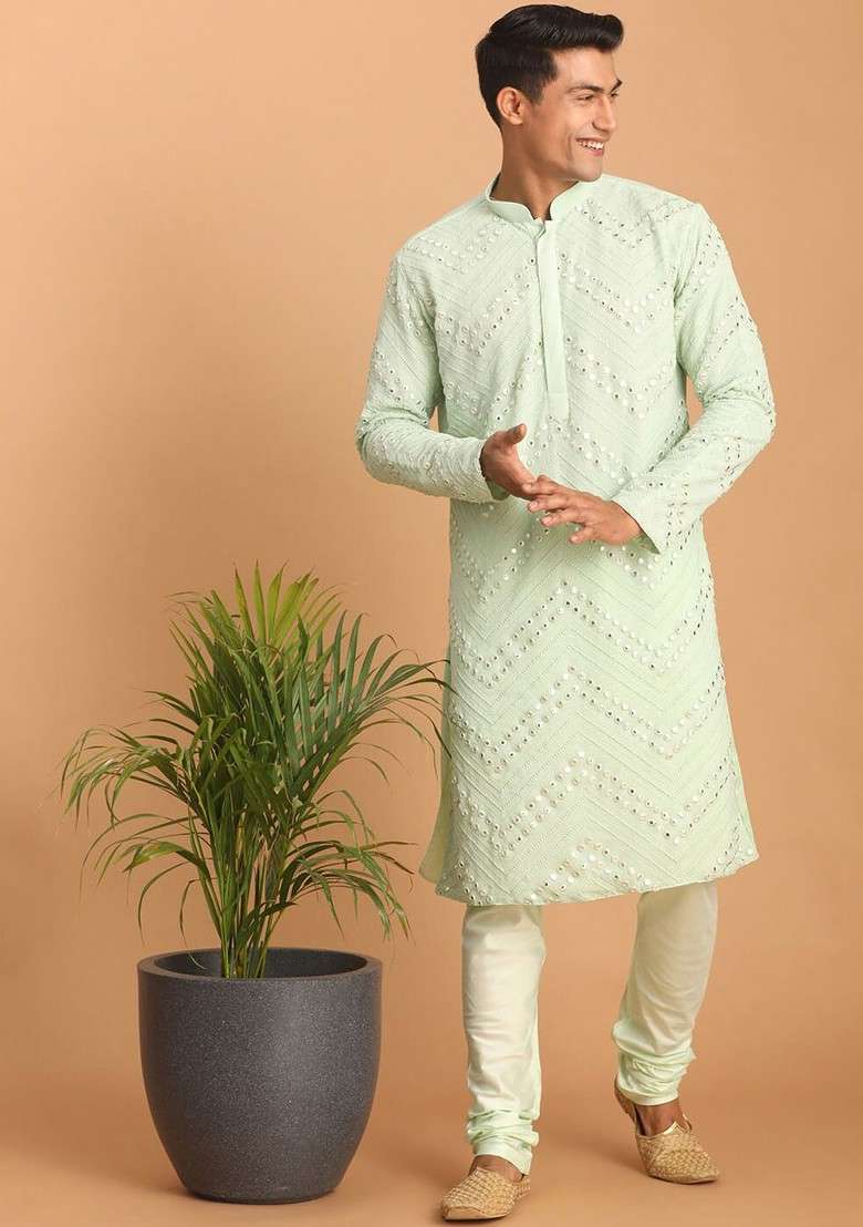 Green Embroidered Poly Blend Kurta Set For Men - Indya