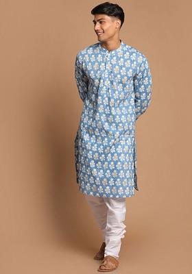 Blue Ethnic Motifs Cotton Kurta Set For Men