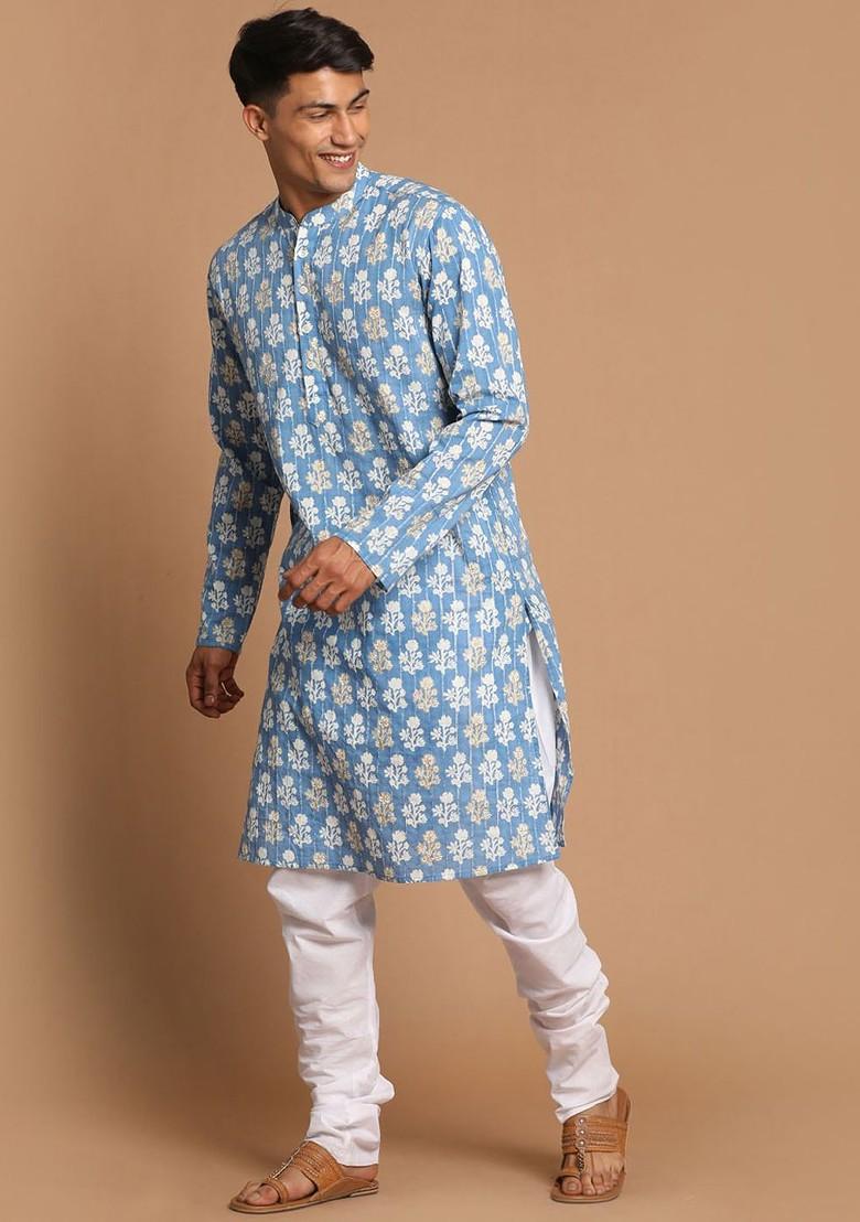 Blue Ethnic Motifs Cotton Kurta Set For Men