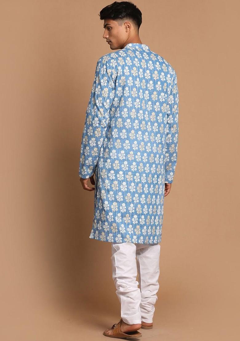 Blue Ethnic Motifs Cotton Kurta Set For Men
