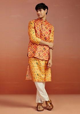 Mustard Floral Print Poly Blend Kurta Set For Men