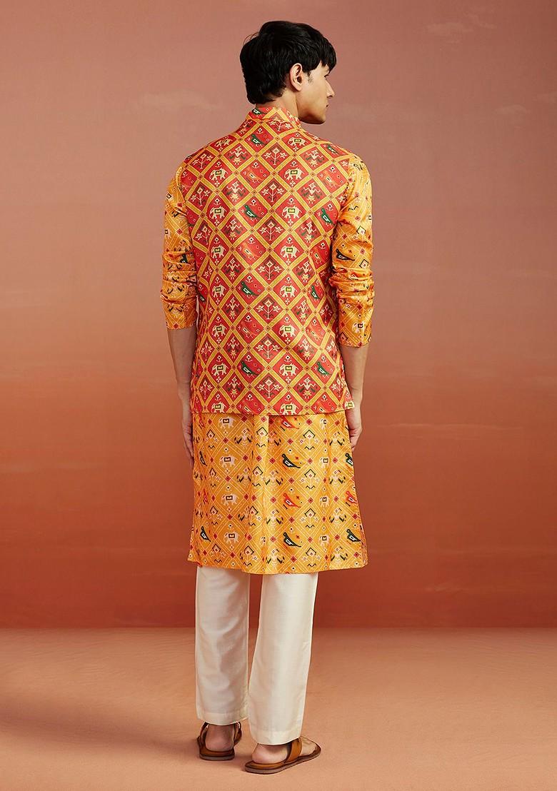 Mustard Floral Print Poly Blend Kurta Set For Men