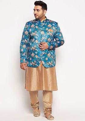 Rose Gold Floral Print Poly Blend Kurta Set For Men