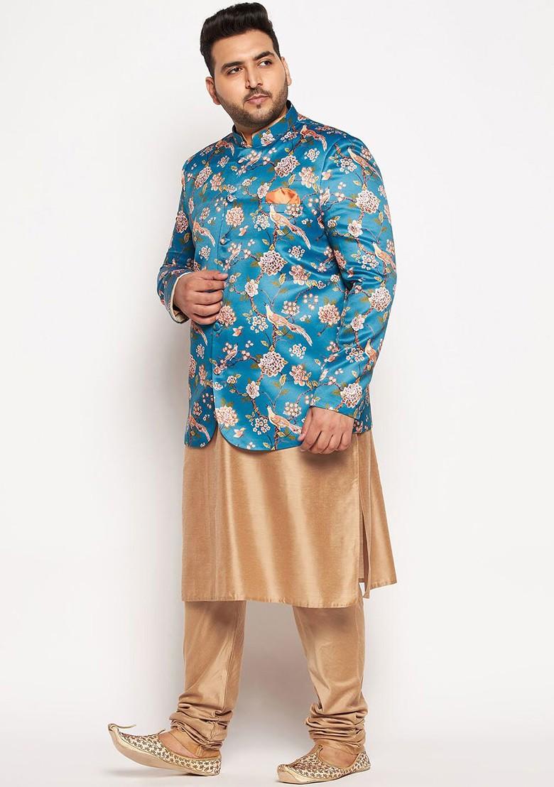 Rose Gold Floral Print Poly Blend Kurta Set For Men