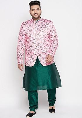 Green Floral Print Poly Blend Kurta Set For Men