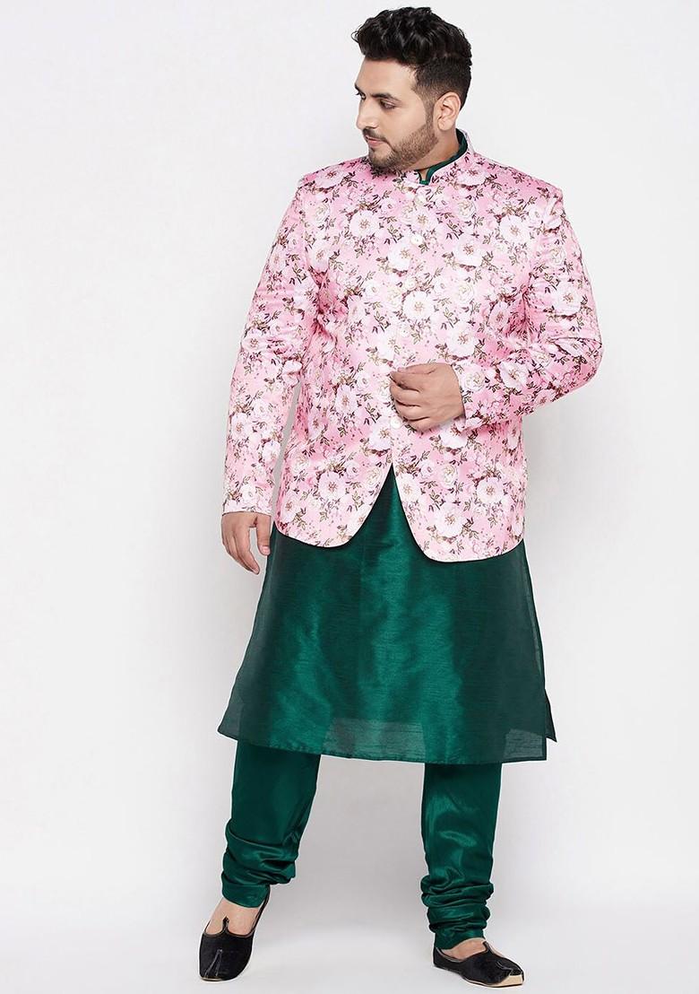 Green Floral Print Poly Blend Kurta Set For Men